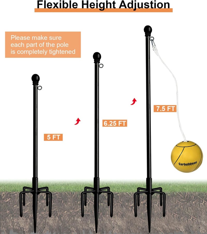 Garbuildman Tetherball Set with Ball & Rope for Outdoor Backyard, Adjustable Tether Ball Pole with Reinforced 5-Prong Base for Playground, Outside Ball Games Sports for Kids & Adults, Black - Image 1